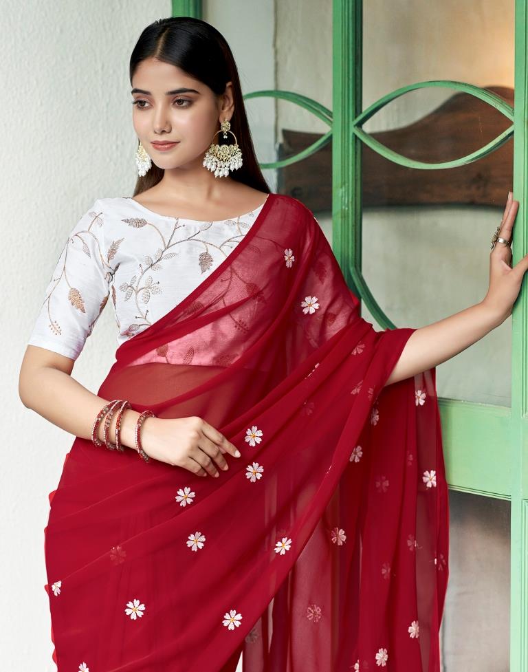 Red Georgette Embroidery Saree