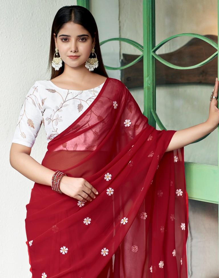 Red Georgette Embroidery Saree