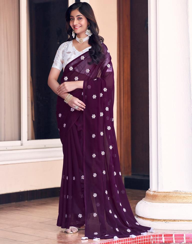 Deep Purple Georgette Embroidery Saree