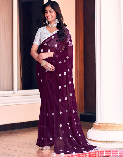 Deep Purple Georgette Embroidery Saree