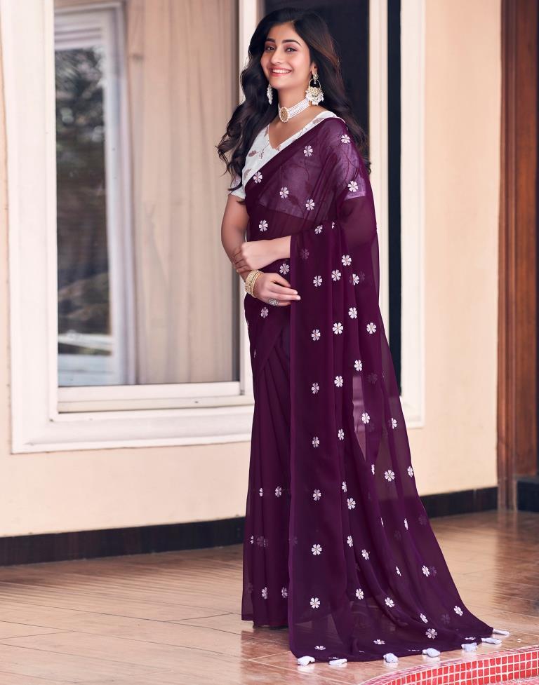 Deep Purple Georgette Embroidery Saree