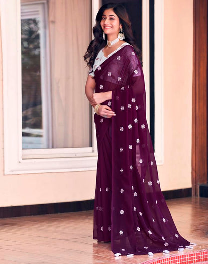 Deep Purple Georgette Embroidery Saree