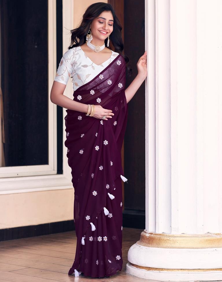 Deep Purple Georgette Embroidery Saree