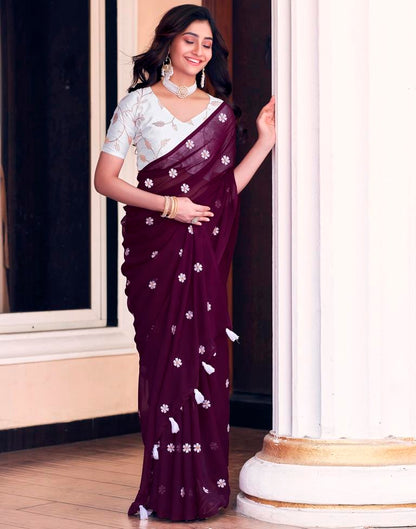 Deep Purple Georgette Embroidery Saree