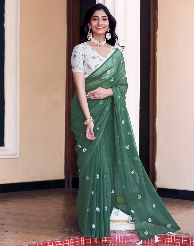 Dusty Green Georgette Embroidery Saree