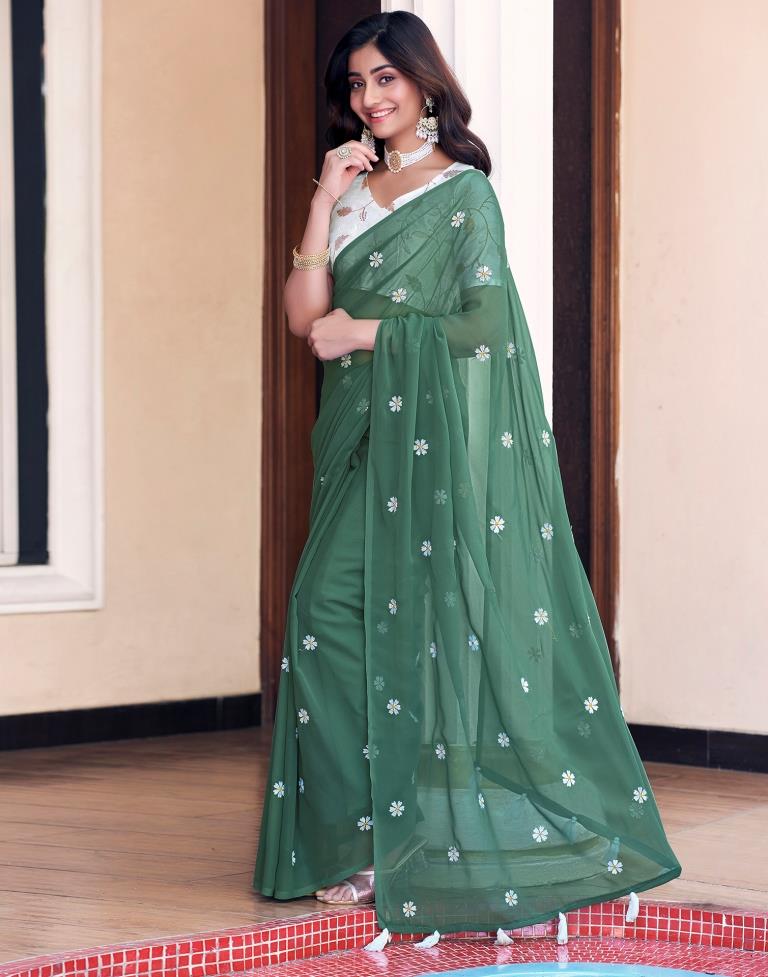 Dusty Green Georgette Embroidery Saree