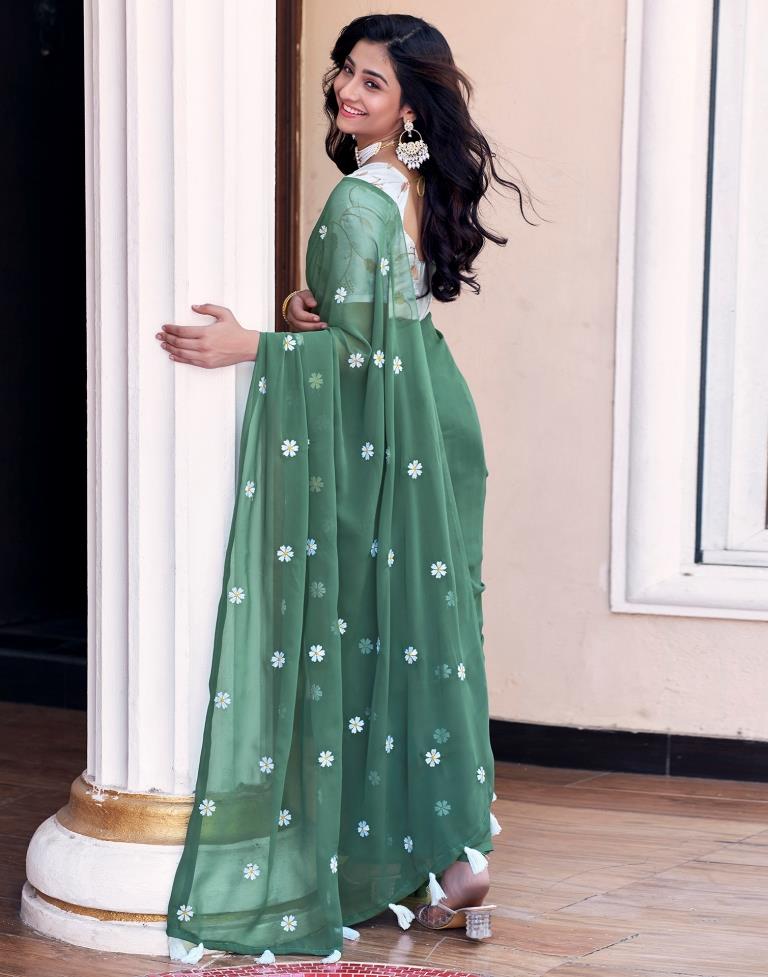 Dusty Green Georgette Embroidery Saree