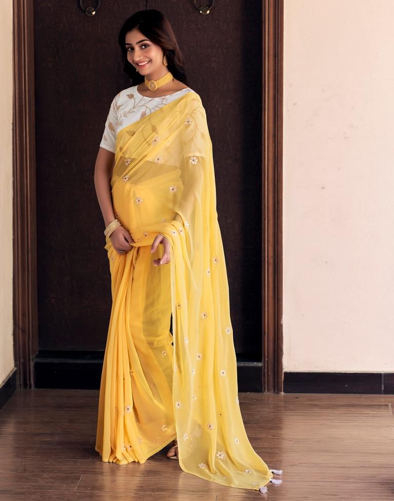 Light Yellow Georgette Embroidery Saree