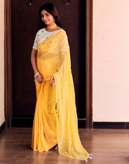 Light Yellow Georgette Embroidery Saree