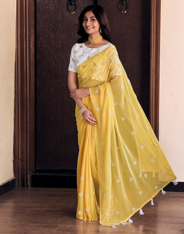 Light Yellow Georgette Embroidery Saree