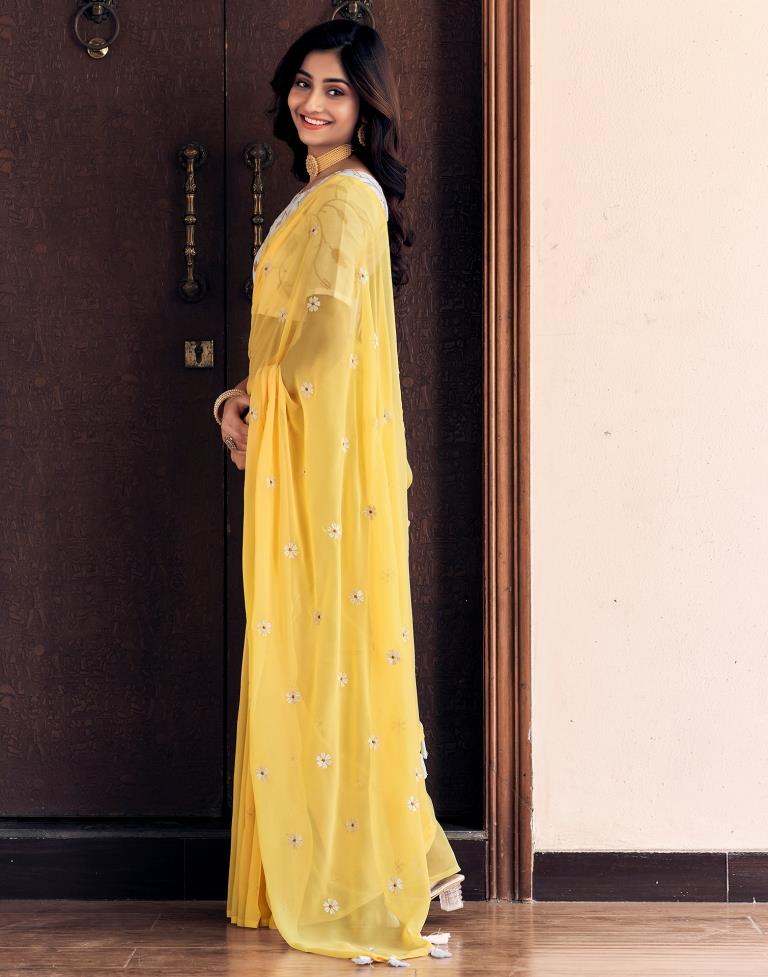 Light Yellow Georgette Embroidery Saree