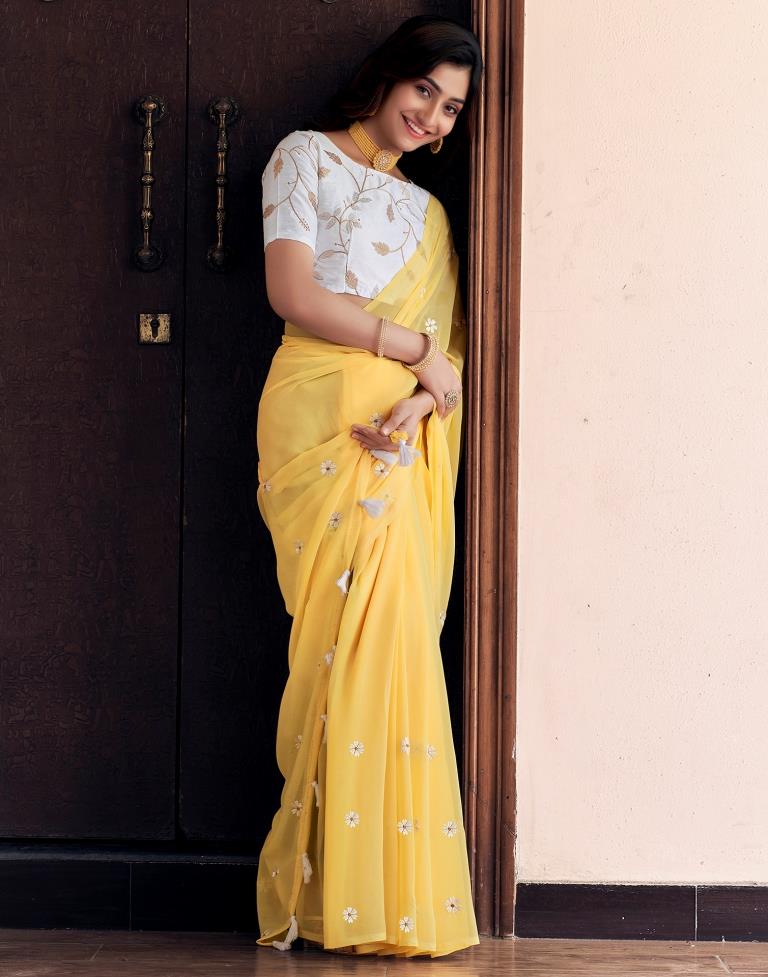 Light Yellow Georgette Embroidery Saree