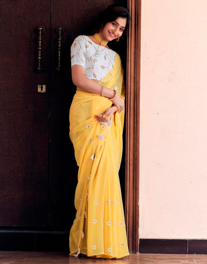 Light Yellow Georgette Embroidery Saree