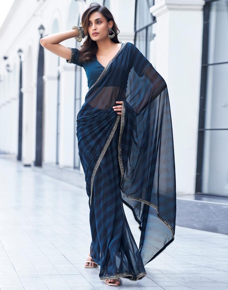 Rama Blue Georgette Printed Saree