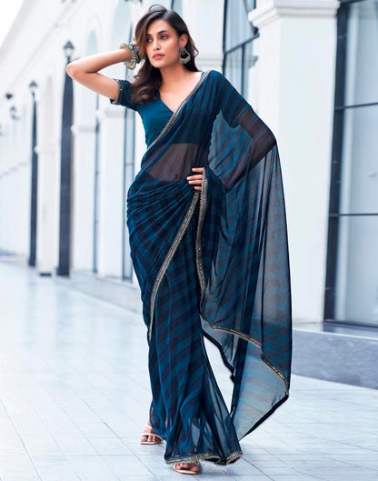 Rama Blue Georgette Printed Saree