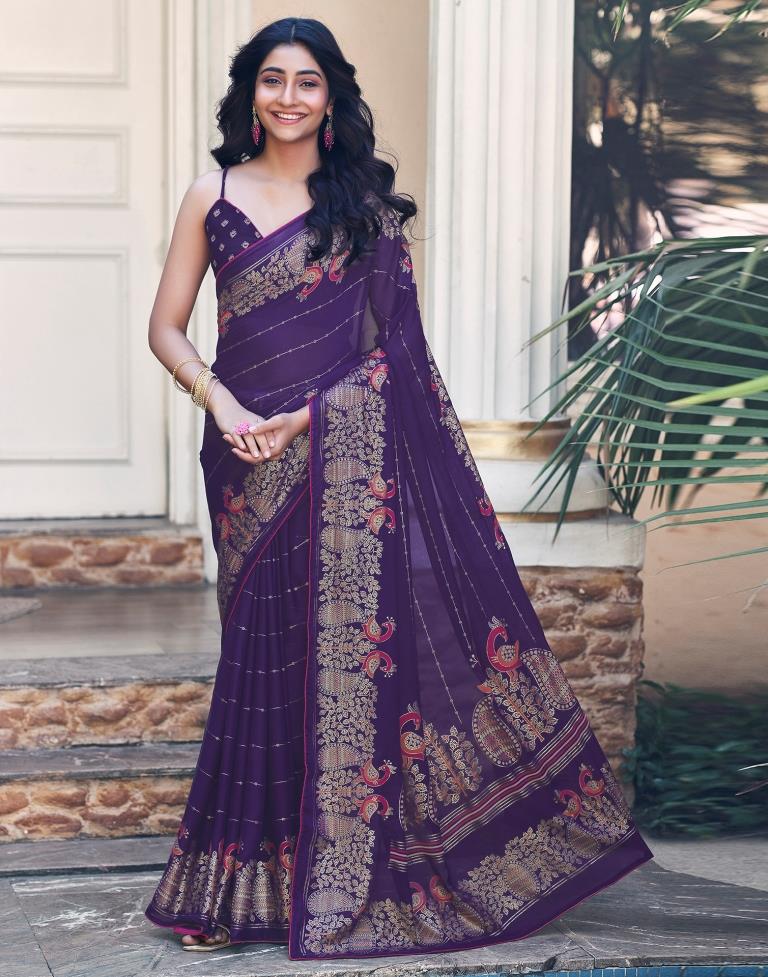 Purple Cotton Printed Saree