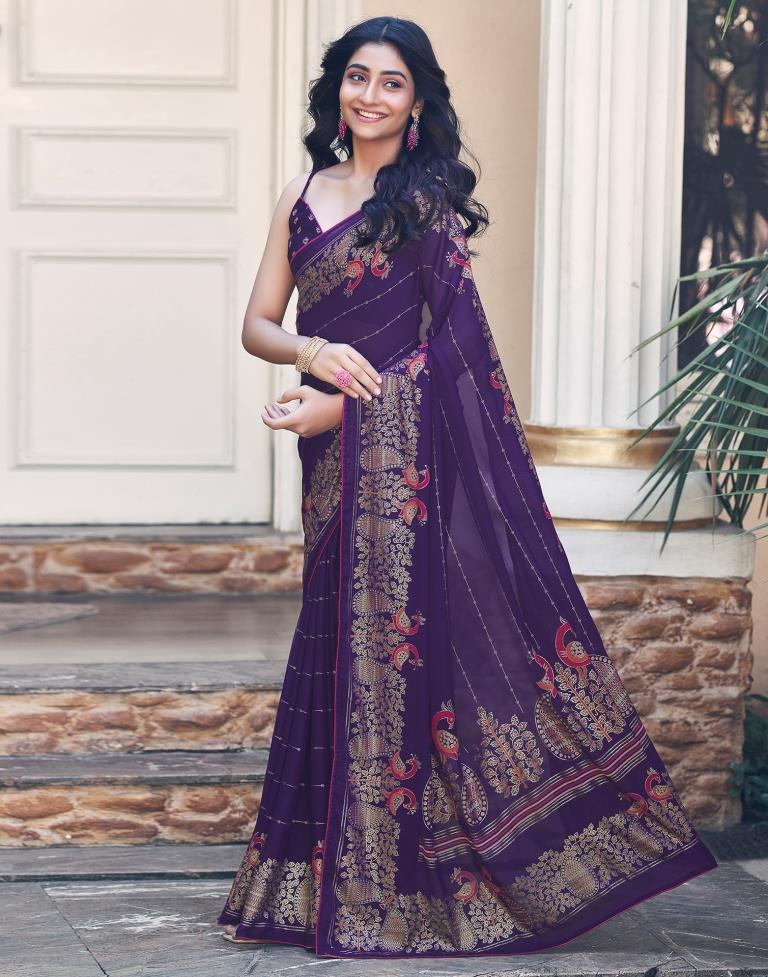 Purple Cotton Printed Saree