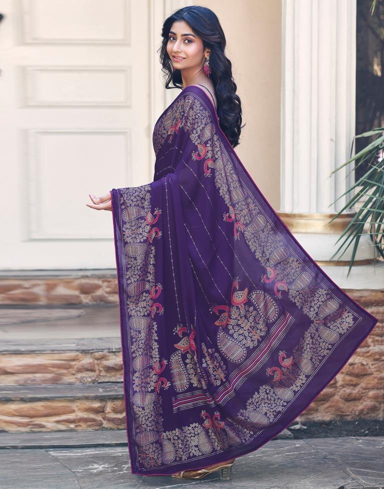 Purple Cotton Printed Saree