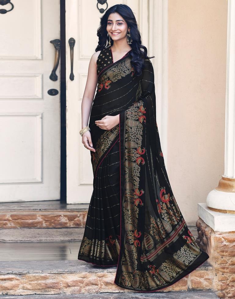 Black Cotton Printed Saree