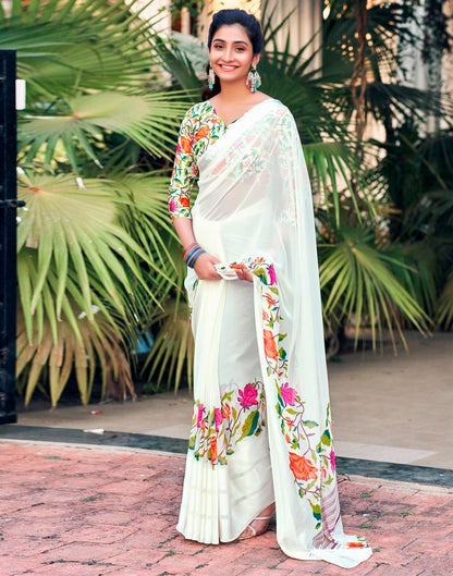 Beige Georgette Printed Saree