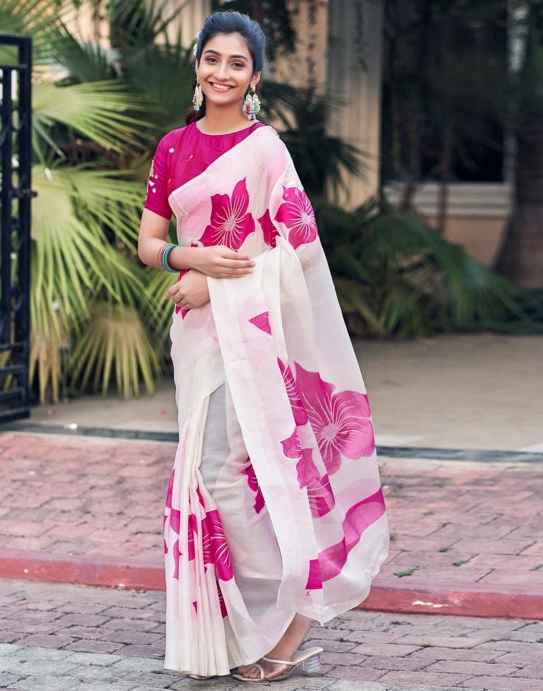 White Silk Printed Saree