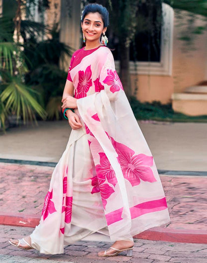 White Silk Printed Saree