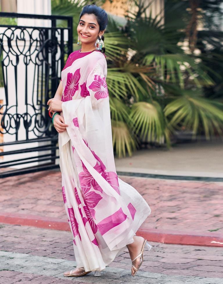 White Silk Printed Saree