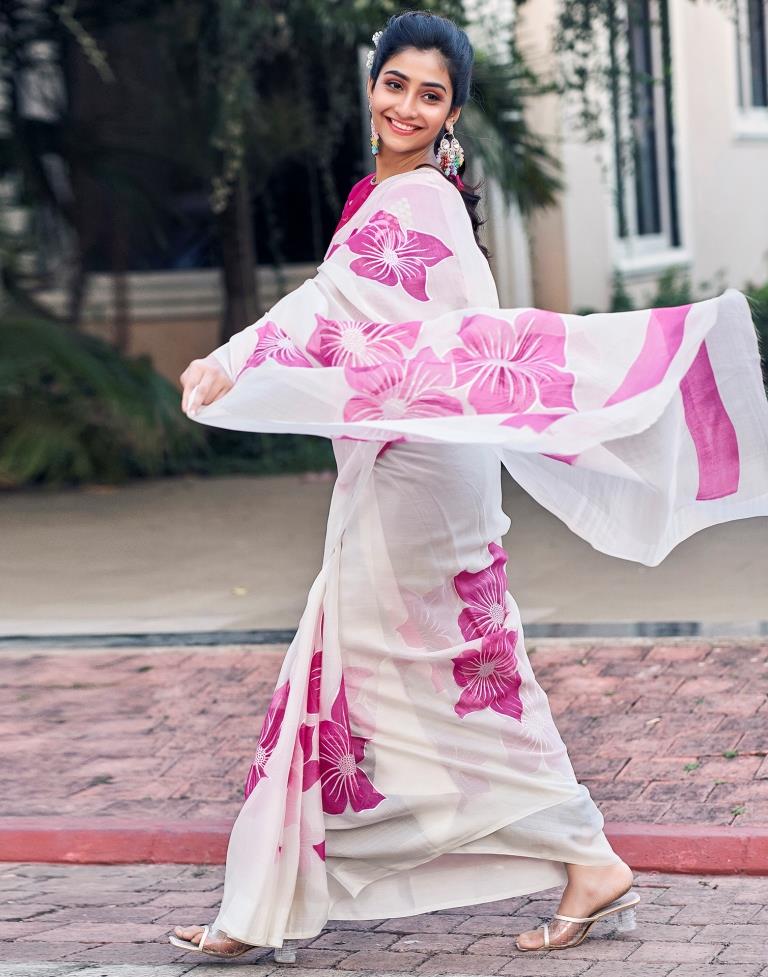 White Silk Printed Saree