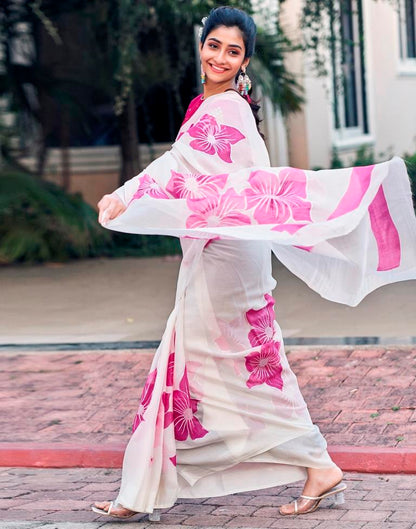 White Silk Printed Saree