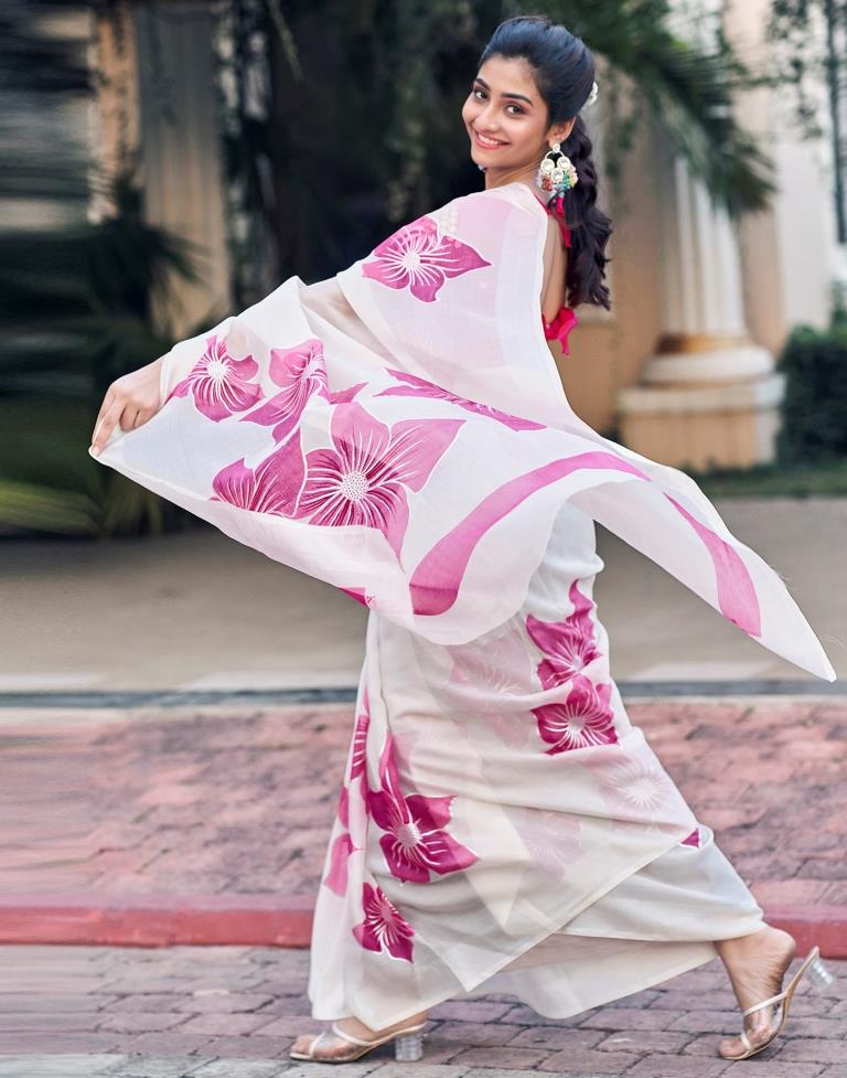 White Silk Printed Saree