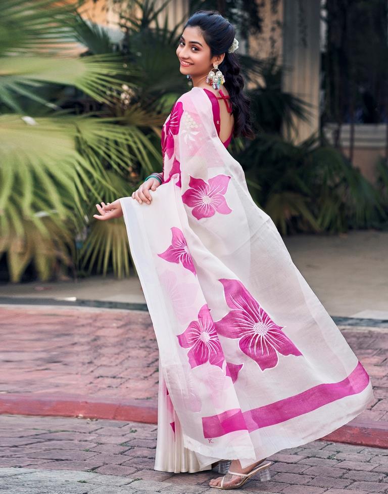 White Silk Printed Saree