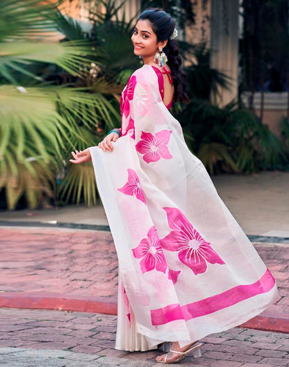 White Silk Printed Saree