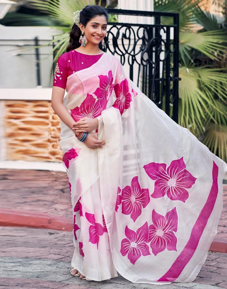 White Silk Printed Saree