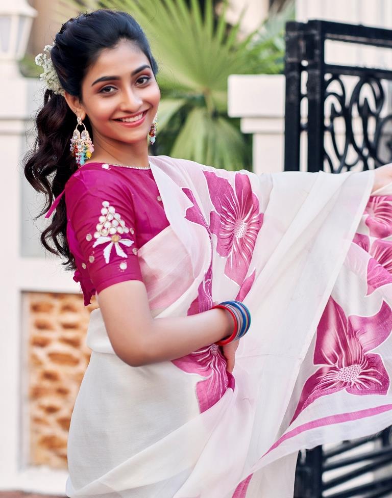 White Silk Printed Saree