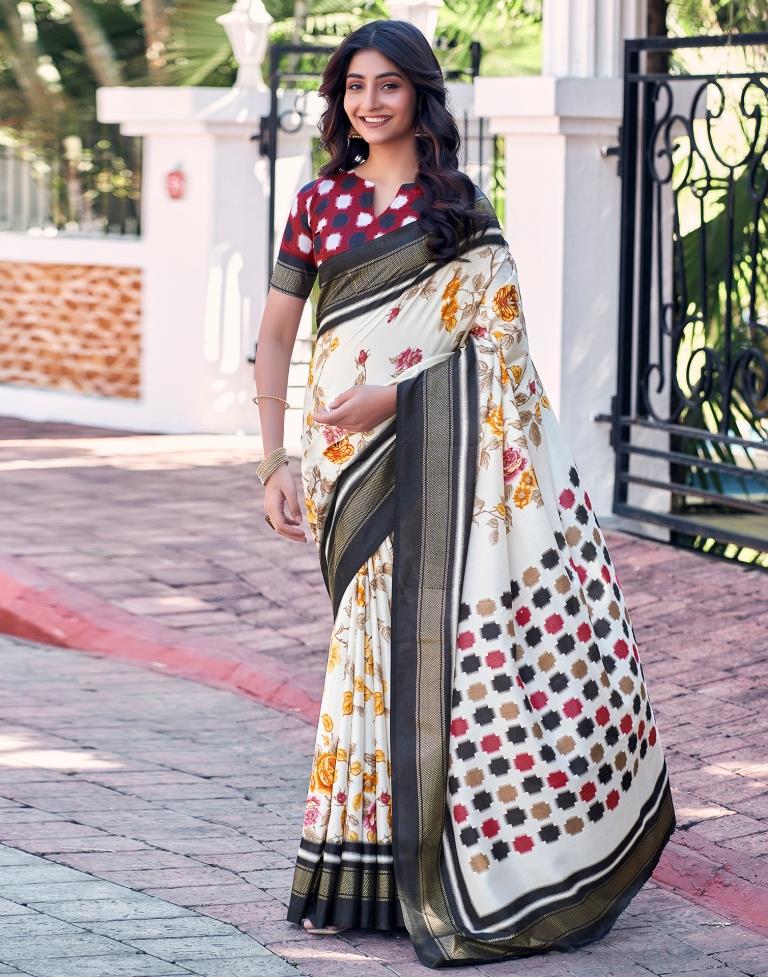 Beige &amp; Multicoloured Silk Printed Saree