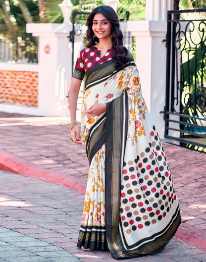 Beige &amp; Multicoloured Silk Printed Saree