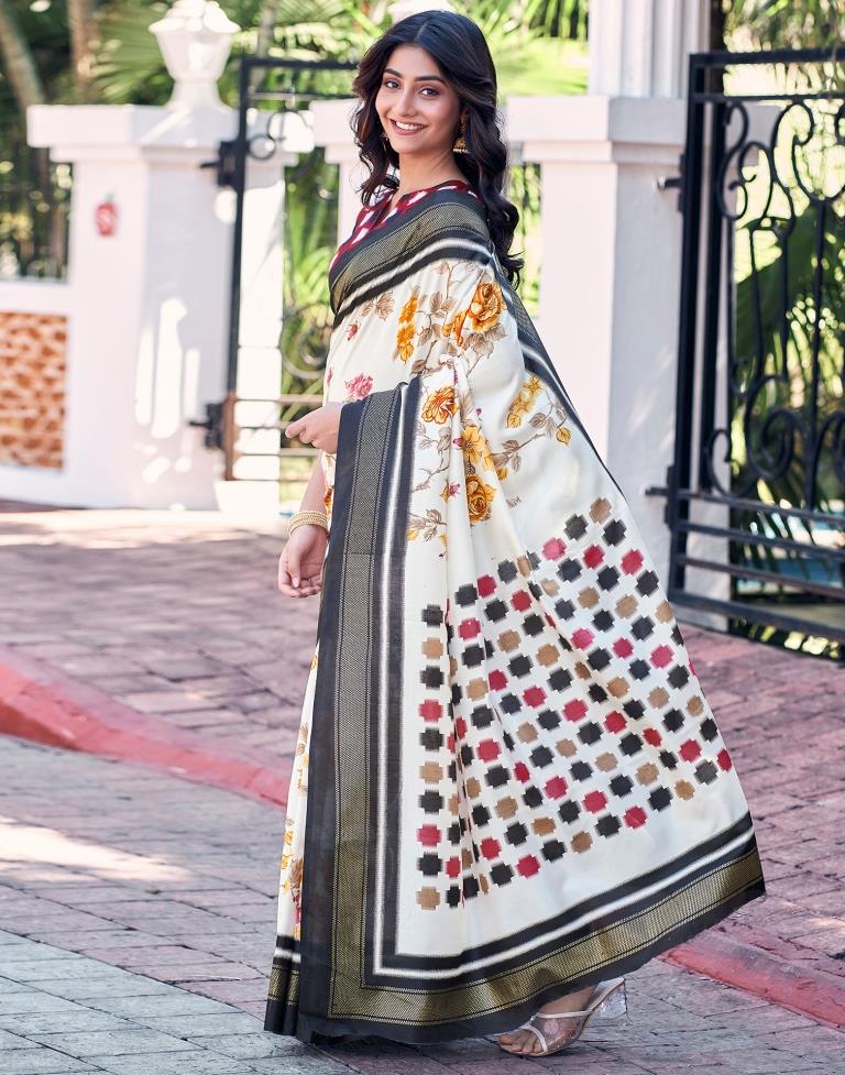 Beige &amp; Multicoloured Silk Printed Saree