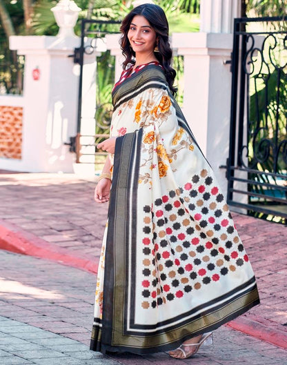 Beige &amp; Multicoloured Silk Printed Saree