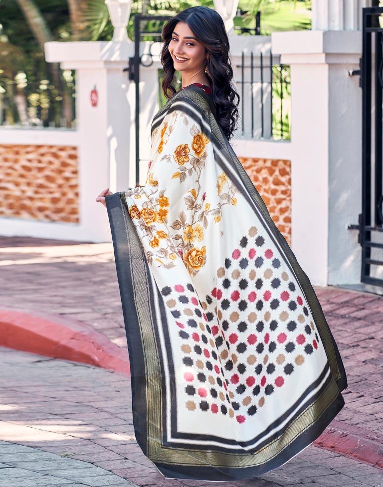 Beige &amp; Multicoloured Silk Printed Saree