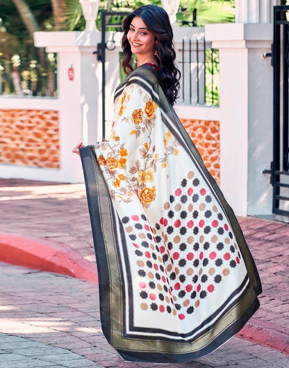 Beige &amp; Multicoloured Silk Printed Saree