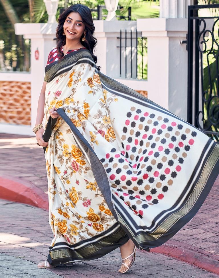 Beige &amp; Multicoloured Silk Printed Saree