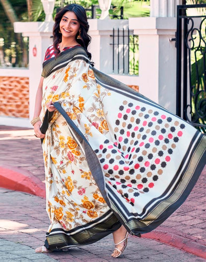 Beige &amp; Multicoloured Silk Printed Saree