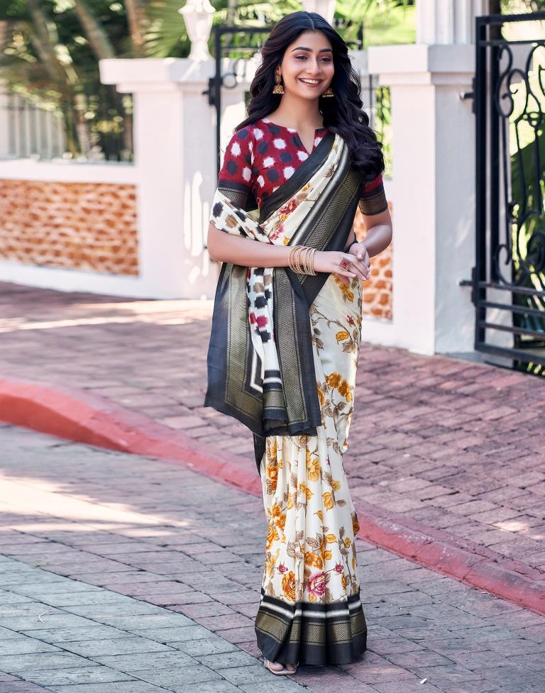 Beige &amp; Multicoloured Silk Printed Saree