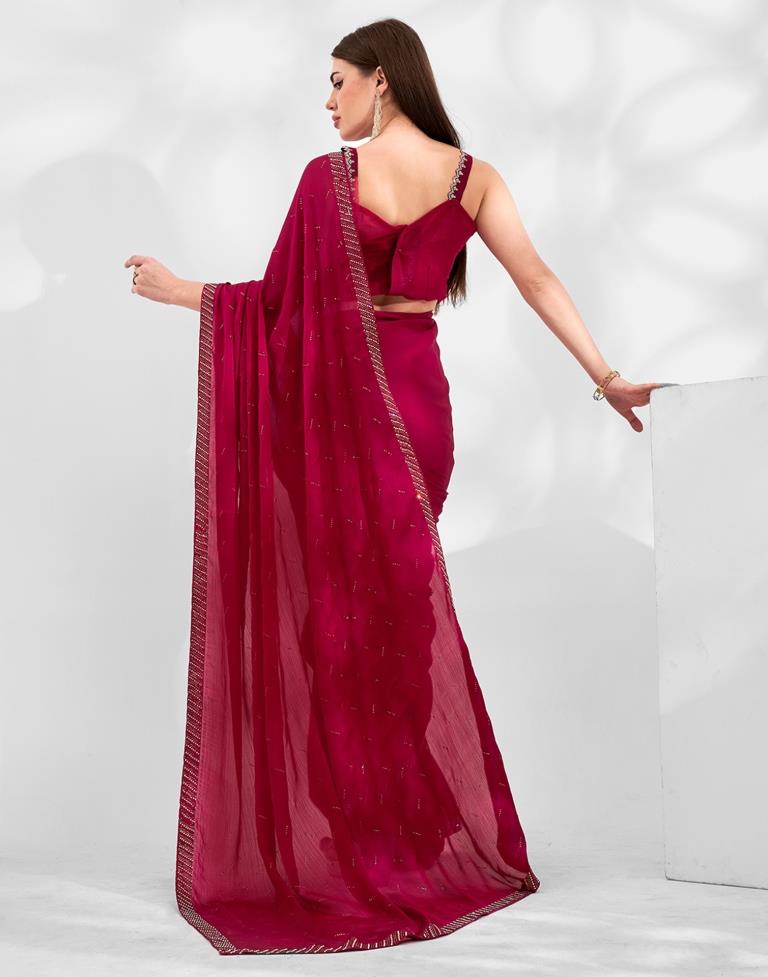 Dark Red  Chiffon Plain Saree