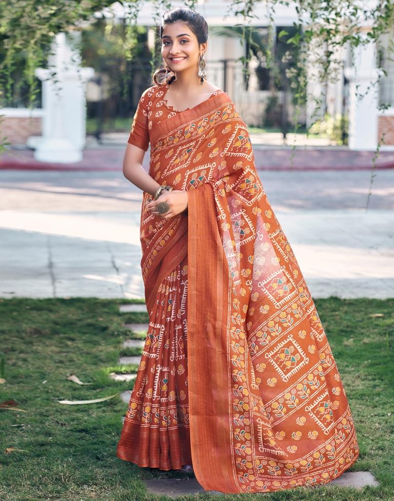 Rust Silk Printed Saree