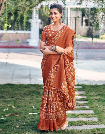 Rust Silk Printed Saree