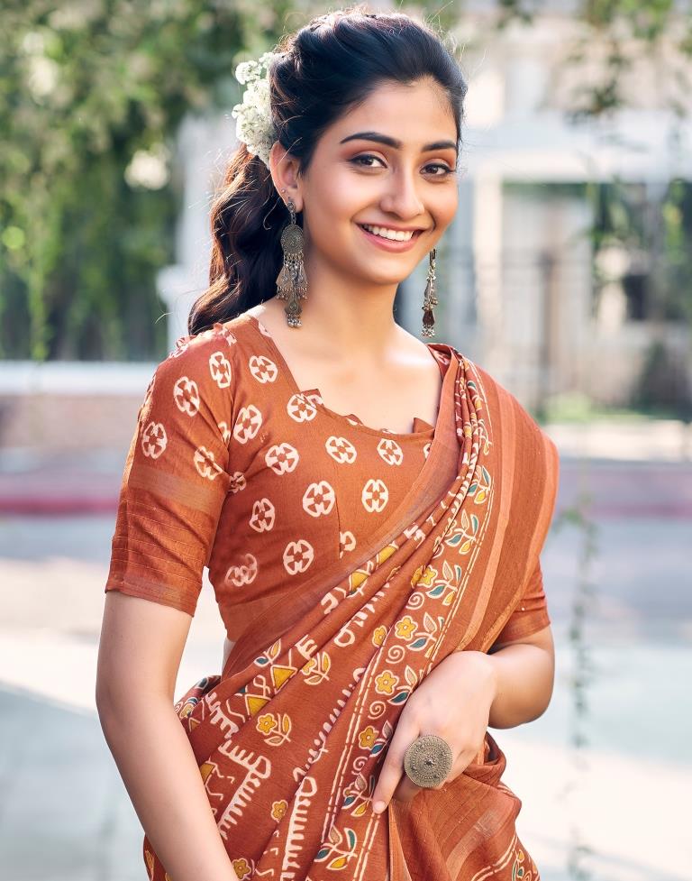 Rust Silk Printed Saree