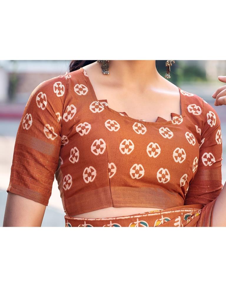 Rust Silk Printed Saree