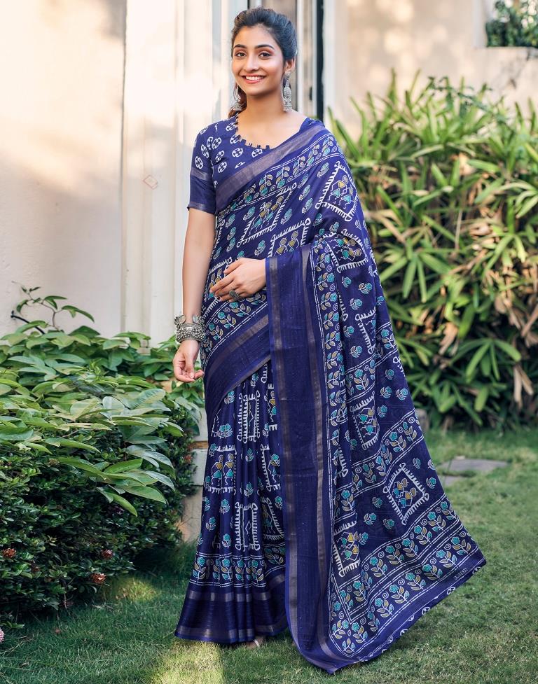 Dark Blue Silk Printed Saree