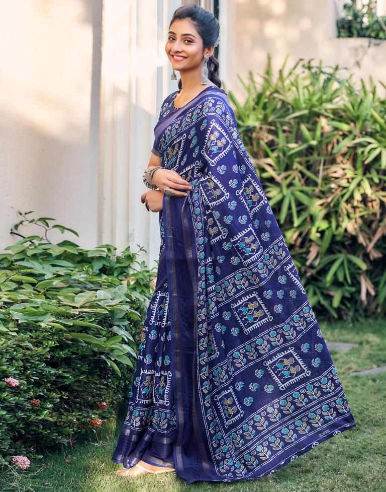 Dark Blue Silk Printed Saree